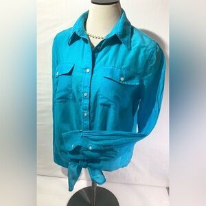Lauren Ralph Lauren Woman’s Blouse Size L  Blue Cotton/Silk Buttons Knot Front